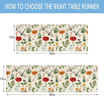 Flowers Dragonflies Table Runner Kitchen Dining Table Runner 13*60in Table Center Decor for Indoor Outdoor Home Holiday Party
