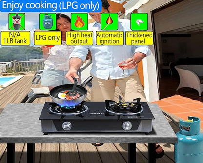 Propane Stove 2 Burner Gas Stove Novel 9 Copper Propane Burners Auto Ignition Tempered Glass with LPG CSA Hose for Outdoor Cooking,Emergency