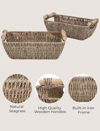 StorageWorks Small Baskets for Shelf, Seagrass Woven Basket with Wooden Handles for Gifts, 2-Pack
