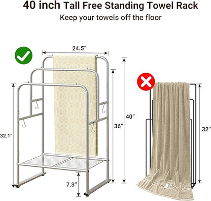 ELYKEN 40'' Tall Standing Towel Racks, 3 Tier Towel Drying Rack Outdoor, Pool Towel Stand Blanket Holder with Shelf & 4 Removable Hooks, Metal Freestanding Towel Racks for Bathroom, Smooth Silver