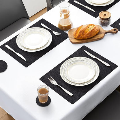 MOSAYT Placemats Set of 8, Heat Resistant Vinyl Place Mats with Coasters, Wipeable Washable 100% Waterproof Oil Proof Faux Leather Table Mats for Kitchen Dining Party Outdoor, 12" x 17", Black