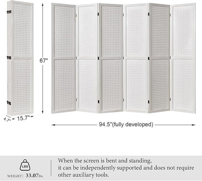 Pegboard Display, 5.6Ft Wooden Room Divider Folding Privacy Screens Portable Freestanding Wall Organizer for Retail Craft Art Display Board (6panels, White)