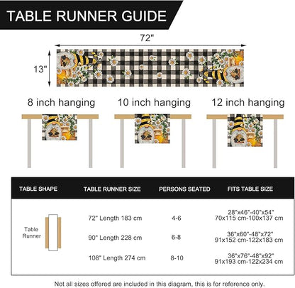 Seliem Spring Bee Gnome Table Runner, Honey Black White Buffalo Plaid Check Home Kitchen Dining Decor, Summer Seasonal Farmhouse Daisy Decorations Indoor Outdoor Anniversary Party Supply 13 x 72 Inch