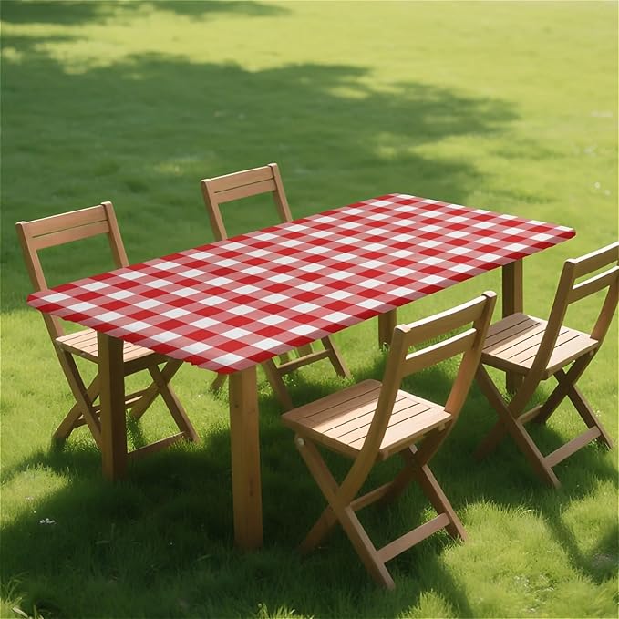 Rectangle Table Cloth Cover Waterproof Elastic Fitted Polyester Fitted Tablecloths for 4 Foot Tables for Indoor,Picnic, Camping, Outdoor （48" x 30"，Red Grid）
