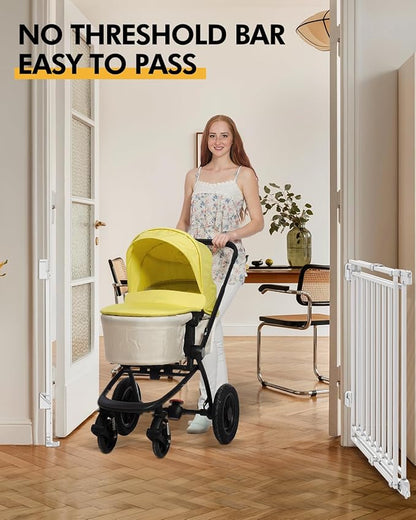 Baby Gate for Stairs Doorways & Kitchen, 26.4"-43" W x 29" H, No Bottom Bar Dog Gate, One-Handed Auto-Close, Hardware Mount Safety Gate for Dogs & Toddlers, White