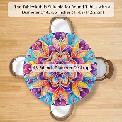 Floral Colorful Bright Vintage Round Table Cloth Cover, Elastic Edge Waterproof Wipeable Tablecloths 45"-56" Polyester Tablecloth for Party Restaurant Banquet Holiday Camping Outdoor Picnic
