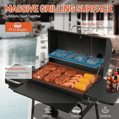 Outvita Charcoal Grill with Offset Smoker, Barrel Barbecue Smoker Grill with Spacious Cooking Area for BBQ, Backyard Patio Picnic Parties Camping, Black