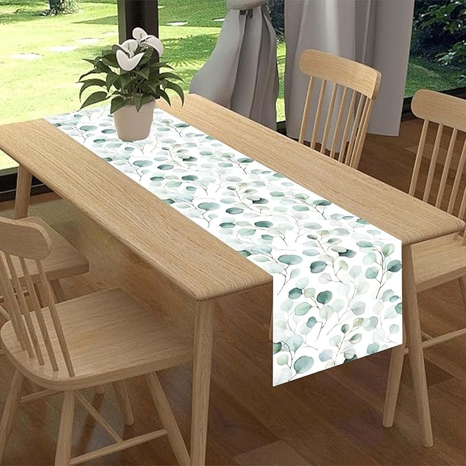 Green Eucalyptus Table Runner, Farmhouse Spring Summer Seasonal Plants Leaves Rustic Country Greenery Cafe Coffee Table Center Decor for Home Kitchen Dining Patio Indoor Outdoor, 13"x108" Inch