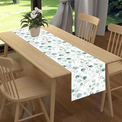 Green Eucalyptus Table Runner, Farmhouse Spring Summer Seasonal Plants Leaves Rustic Country Greenery Cafe Coffee Table Center Decor for Home Kitchen Dining Patio Indoor Outdoor, 13"x72" Inch