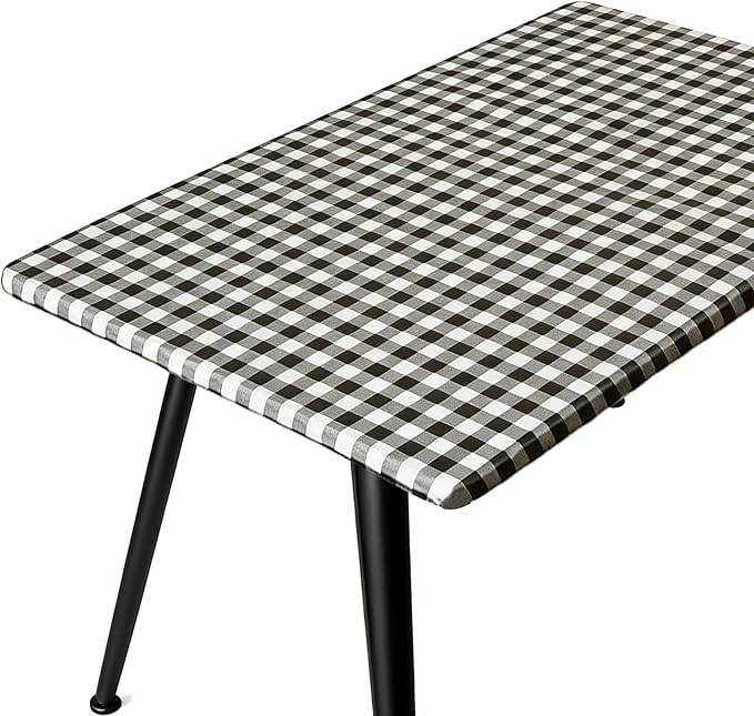 Rectangle Picnic Table Cloth, Elastic Waterproof Fitted Vinyl Tablecloths for 4 Foot Tables, Wipeable Flannel Backed Table Covers for Dining, Camping, Outdoor(Black Plaid,24"x48")