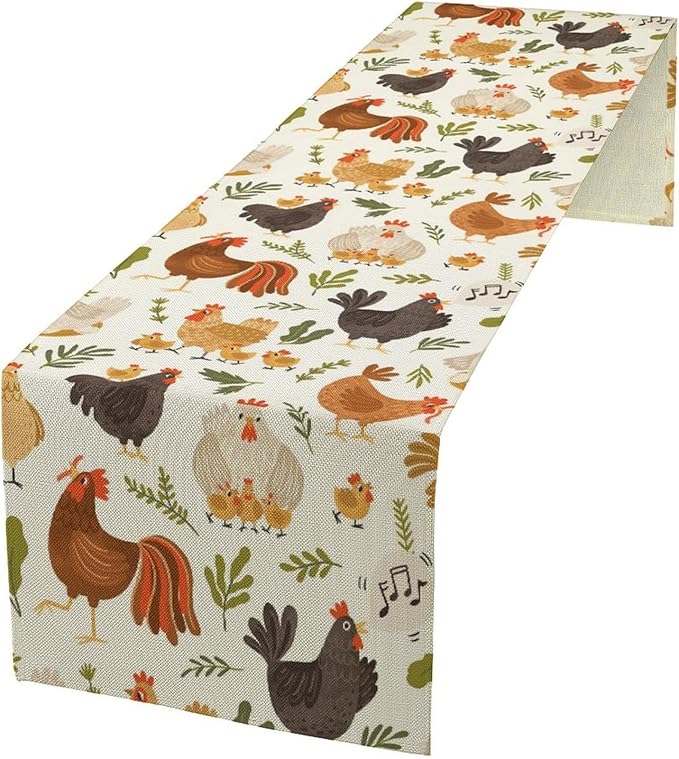 Cute Roosters Chickens Table Runners, Rustic Farm Animals Hen Table Runner for Farmhouse Wedding Coffee Dining Table Party Home 13x120in