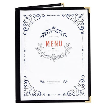Juvale Clear Menu Covers 8x11 in 4 View - 12-Pack, Letter Size Black PU Leather - Double Panel Clear Sleeves & Gold Metal Corners - Menu Holders for Restaurants & Bars