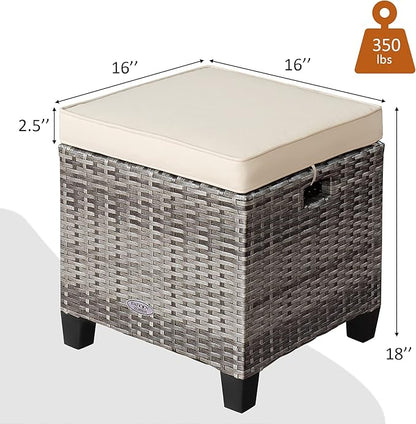 Tangkula 2 Pieces Patio Rattan Ottomans, Outdoor Wicker Footstool Footrest Seat with Soft Cushions and Steel Frame, All-Weather Patio Ottoman Set for Backyard Garden Poolside