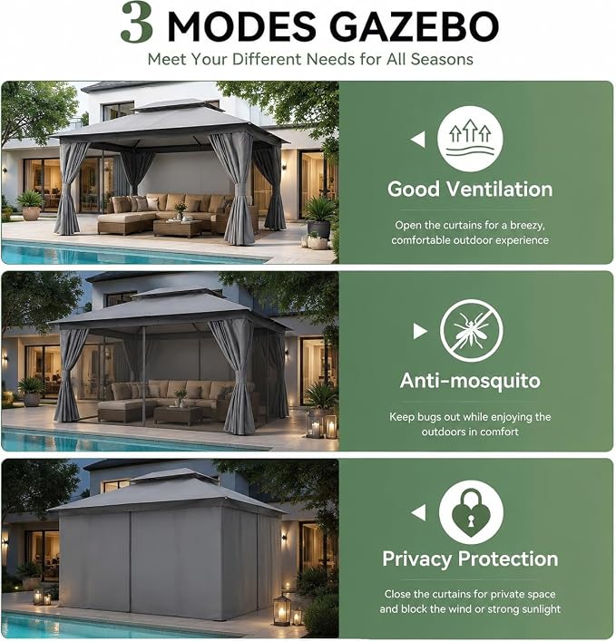 8'x8' Outdoor Gazebo, Metal Frame Heavy Duty Patio Canopy Tent Shelter - Image 4