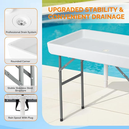 VINGLI Ice Table with Side Table, Portasble Cooler Table with Removable Skirt, Patio Table, Indoor & Outdoor Bar for Events, Parties and Camping White