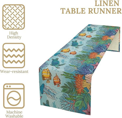Coastal Table Runner, Ocean Nautical Coral Starfish Seashell Sea Turtle Table Runner for Dining Table Kitchen Party Picnic Home 13x70in