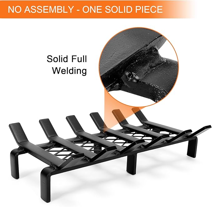 13" Fireplace Grate with Ember Retainer, Wood Stove Grate Rack, Heavy Duty Solid Steel Firewood Holder, Non-Assembly Fire Grate for Indoor Hearth Outdoor Firepit - Matt Black