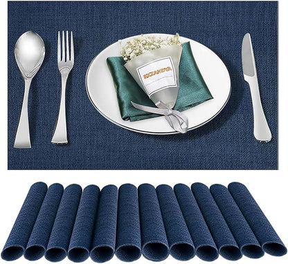 Placemats Set of 12,Washable,Heat and Stain Resistant Indoor/Outdoor Place mats,Vinyl Woven Non Slip Table Mats for Restaurant Table Protection,PVC Placemats(Navy Blue,12PCS)