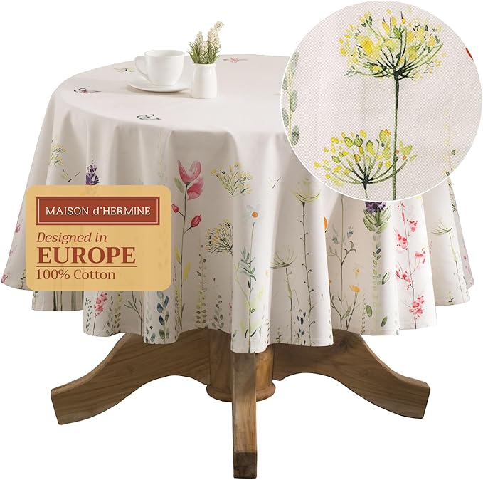 Maison d' Hermine Table Cloth Round Table 100% Cotton 63 Inches Tablecloth Reusable Decorative Everyday Use for Dining Room, Farmhouse, Home, Party, Festive & Wedding Spring Summer - Botanical Fresh