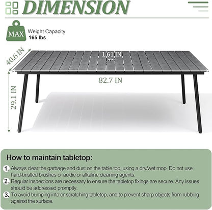 83" Patio Outdoor Dining Table for 6-8, Weather-Resistant Aluminum Frame with Wood-Grain Top & Umbrella Hole for Deck Gatherings, Grey