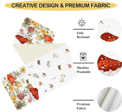 Mushroom Table Runner, Rustic Farmhouse Forest Plants Botanical Wildfloral Coffee Table Center Decor for Home Kitchen Dining Patio Holiday Party Indoor Outdoor Table Decorations, 13"x72" Inch