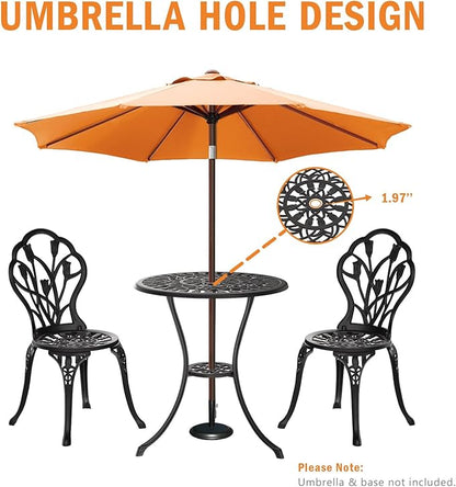 Outdoor Bistro Table and Chairs Set of 2, 3 Piece Patio Bistro Set w/Umbrella Hole, Rust-Resistant Cast Aluminum Bistro Set for Garden/Balcony/Backyard, Black