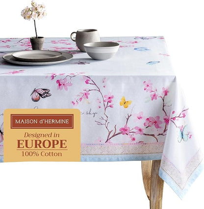 Maison d' Hermine Table Cloth Rectangle Table 100% Cotton 54 x 72 Inches Tablecloth Reusable Decorative for Dining Room, Farmhouse, Home, Party, Festive & Wedding Spring Summer - Blossoms in Spring