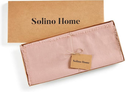 Solino Home Linen Fringe Table Runner 90 Inches Long - 100% Pure Linen Misty Pink Table Runner 14 x 90 Inch for Valentines, Spring, Easter