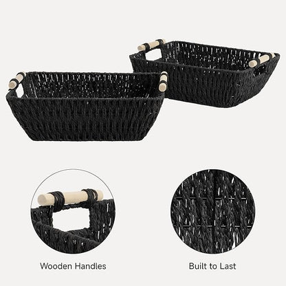 StorageWorks Large Wicker Storage Basket for Organizing with Wooden Handles, Toilet Paper Baskets for Shelf, Black, 2-Pack