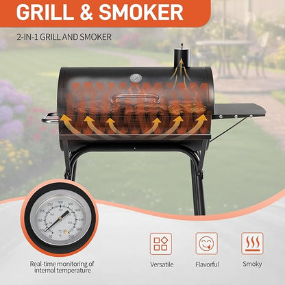 Outvita Barrel Charcoal Grill with Warming Rack, Outdoor BBQ Grill with Side Front Table with Nearly 564 Sq.In. Cooking Grid Area for Backyard Patio Picnic Parties Camping, Black