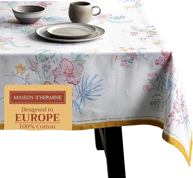 Maison d' Hermine Table Cloth Square Table 100% Cotton 60 x 60 Inches Tablecloth Reusable Decorative for Dining Room, Farmhouse, Home, Party, Festive & Wedding Spring Summer - Paradise Island