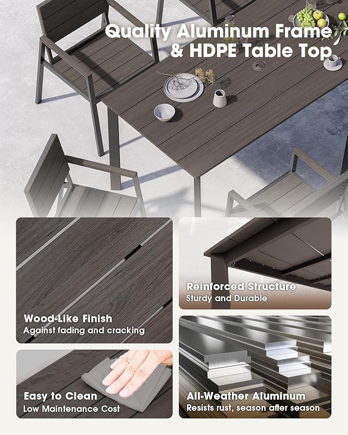 Outdoor Patio Dining Table, Aluminum & HDPS Outdoor Table with Umbrella Hole, All-Weather for Deck, Garden, Lawn, Backyard, Poolside and Indoor Use (Charcoal)