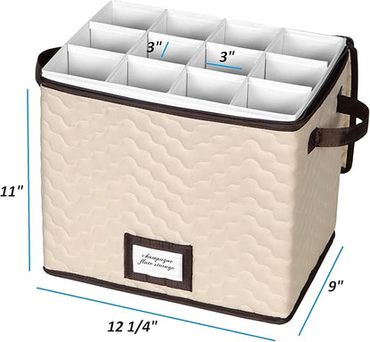 Wine Glass Storage Box with Dividers - Stemware Storage Case, Durable Quilted Microfiber Bin with Carry Handles, Protects Fine China - (1 Pack, Champagne Flute)