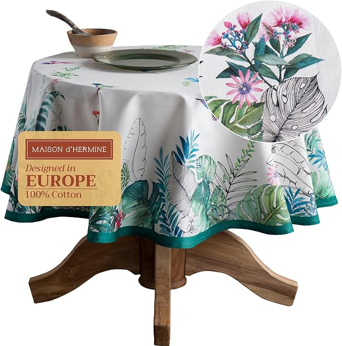 Maison d' Hermine Table Cloth Round Table 100% Cotton 69 Inches Tablecloth Reusable Decorative Everyday Use for Dining Room, Farmhouse, Home, Party, Festive & Wedding Spring Summer - Tropiques