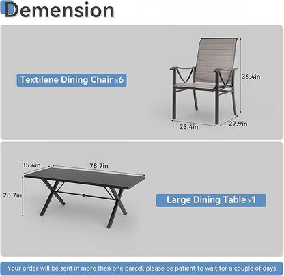 Kurapika 7-Piece Patio Dining Set, Patio Furniture Set for 6, Outdoor Large Metal Table with Umbrella Hole and Textilene Chairs, for Garden, Deck, Porch, Pool All Weather, Brown