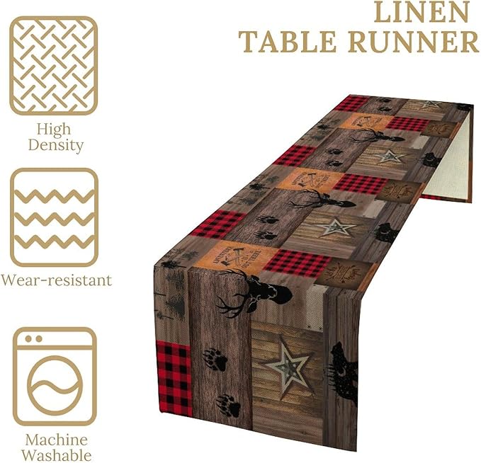 Vintage Bear Deer Table Runner, Rustic Western Farmhouse Hunting Theme Wildlife Animal Checkered Table Runner for Outdoor Dining Kitchen Camping Party 13x120in