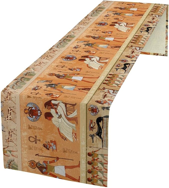 Ancient Table Runner, Mythology Egyptian Gods Pharaohs Antique Golden Hieroglyphs Print Pattern Table Runner for Dining Bedroom Kitchen Party Outdoor 13x120in