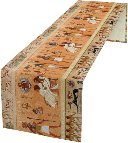 Ancient Table Runner, Mythology Egyptian Gods Pharaohs Antique Golden Hieroglyphs Print Pattern Table Runner for Dining Bedroom Kitchen Party Outdoor 13x70in