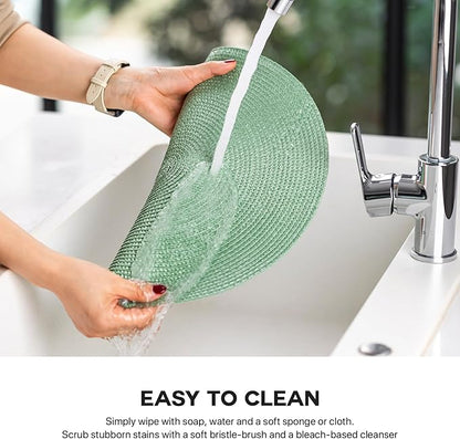 Round Placemats Set of 6 Plastic Woven Placemats Washable Wipeable Table Mats for Dining Table Heat Resistant Non-Slip Circle Place Mats (Green)