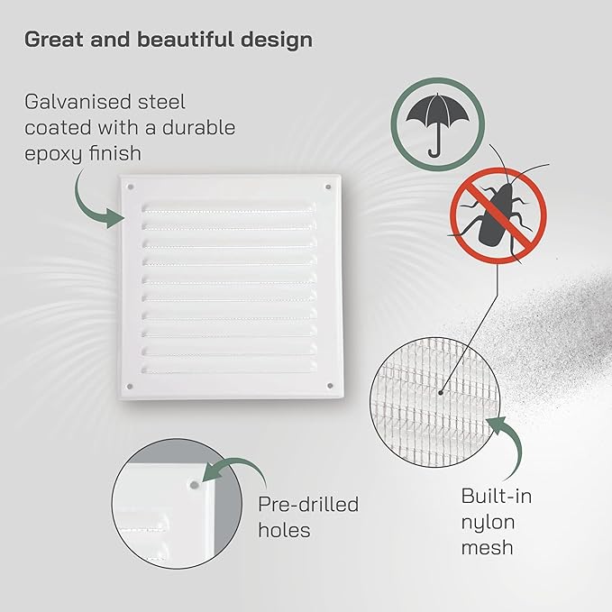 Vent Systems 6 x 6 Inch (Inner) - Pack of 5 - White Metal Soffit Vent Cover - Durable Square Air Vent Grille with Mesh Screen - Weather Resistant Ventilation Grill - Wall & Ceiling Indoor & Outdoor