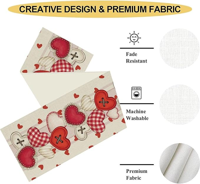 Valentines Day Table Runner,Rustic Red Heart Buttons Runner for Table Seasonal Romantic Decor for Indoor Outdoor Dining Table Decorations, 13"x108"