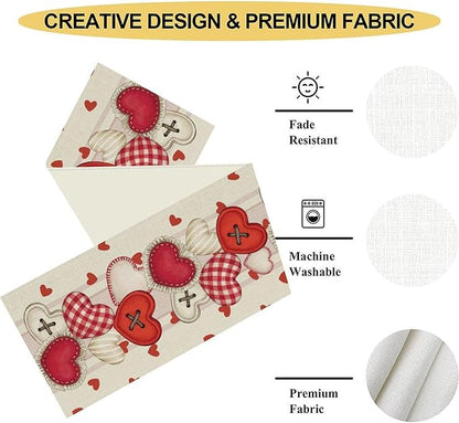 Valentines Day Table Runner,Rustic Red Heart Buttons Runner for Table Seasonal Romantic Decor for Indoor Outdoor Dining Table Decorations, 13"x72"
