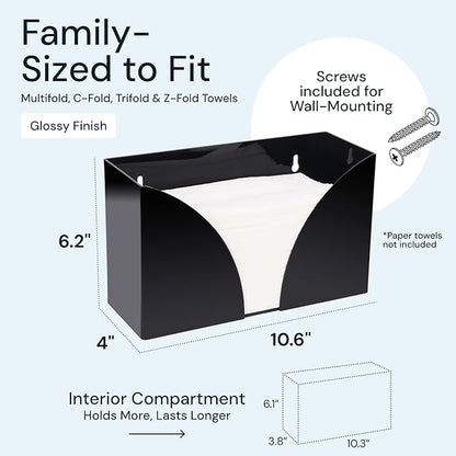 Black Paper Towel Holder Countertop Dispenser - Acrylic Rectangular Hand Towel Tray & Tissue Box Cover - Bathroom Accessories, C-Fold, Z-Fold & Multifold Napkin Organizer & Storage