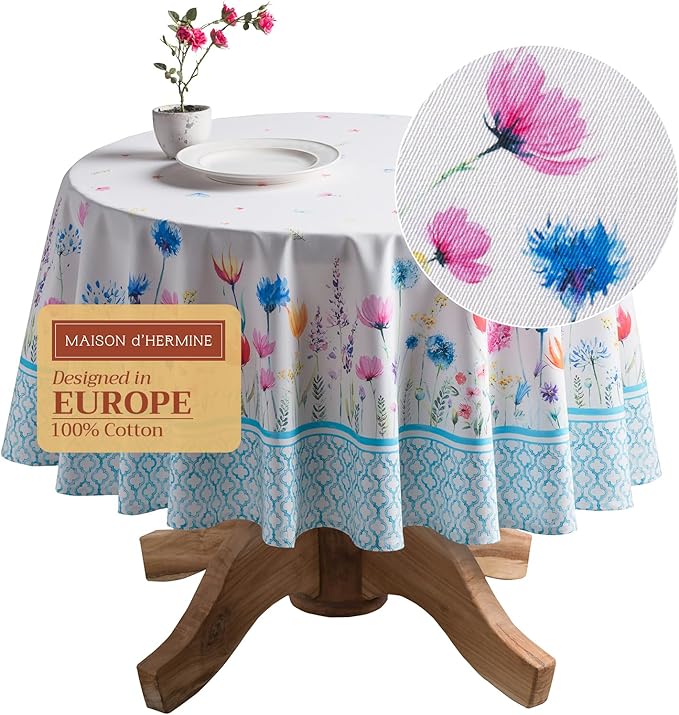 Maison d' Hermine Table Cloth Round Table 100% Cotton 63 Inches Tablecloth Reusable Decorative for Dining Room, Farmhouse, Home, Party, Festive & Wedding Spring Summer - Flower in The Field