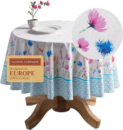 Maison d' Hermine Table Cloth Round Table 100% Cotton 69 Inches Tablecloth Reusable Decorative for Dining Room, Farmhouse, Home, Party, Festive & Wedding Spring Summer - Flower in The Field