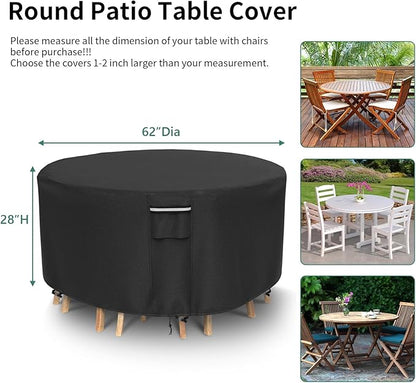 Round Patio Furniture Covers, 500D Heavy Duty Waterproof UV Resistant Cover for Round Outdoor Dining Table & Chairs,62" Dia x 28" H -Black
