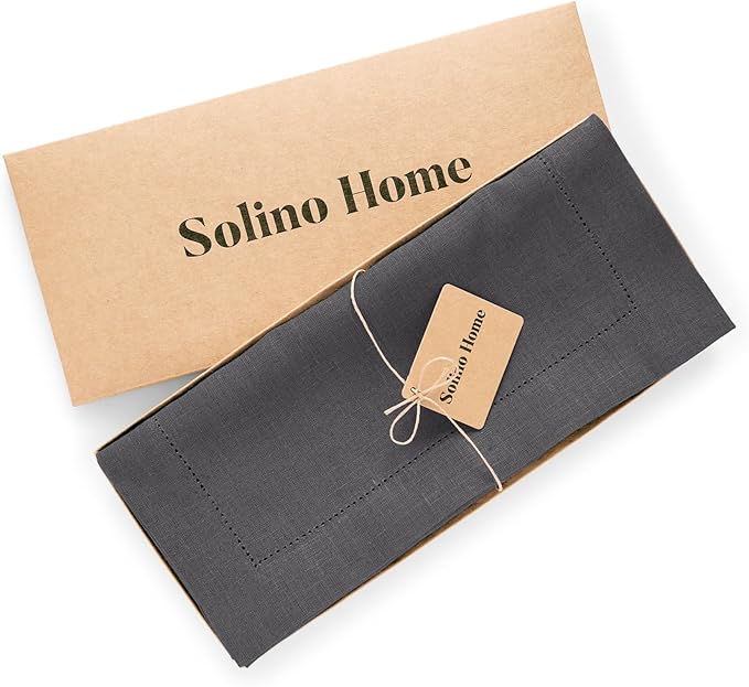 Solino Home Linen Charcoal Table Runner 36 Inches - Medium Weight Hemstitch, 100% Pure Linen Coffee Table Runner 14 x 36 Inch Ideal for Dresser Tables - Winter