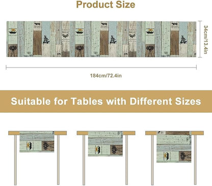 Rustic Farmhouse Table Runner, Vintage Country Blue Green Wooden Board Cow Chicken Pig Windmill Print Table Runner for Kitchen Dining Room Wedding Party Decor, 13x108inch