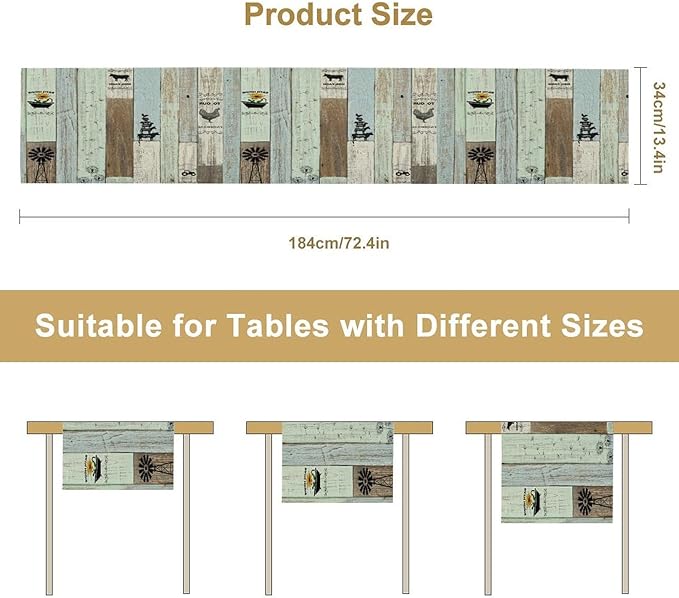 Rustic Farmhouse Table Runner, Vintage Country Blue Green Wooden Board Cow Chicken Pig Windmill Print Table Runner for Kitchen Dining Room Wedding Party Decor, 13x36inch