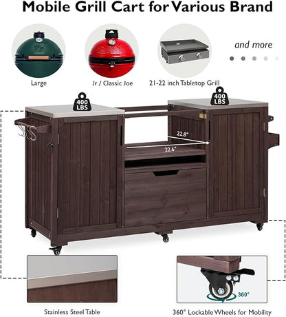 66.5" Outdoor Kitchen Island with Stainless Steel Top for Big Green Egg, Rolling Grill Cart with Adjustable Shelves, Lockable Wheels, Outdoor Table and Bar Storage Cabinet for Patio